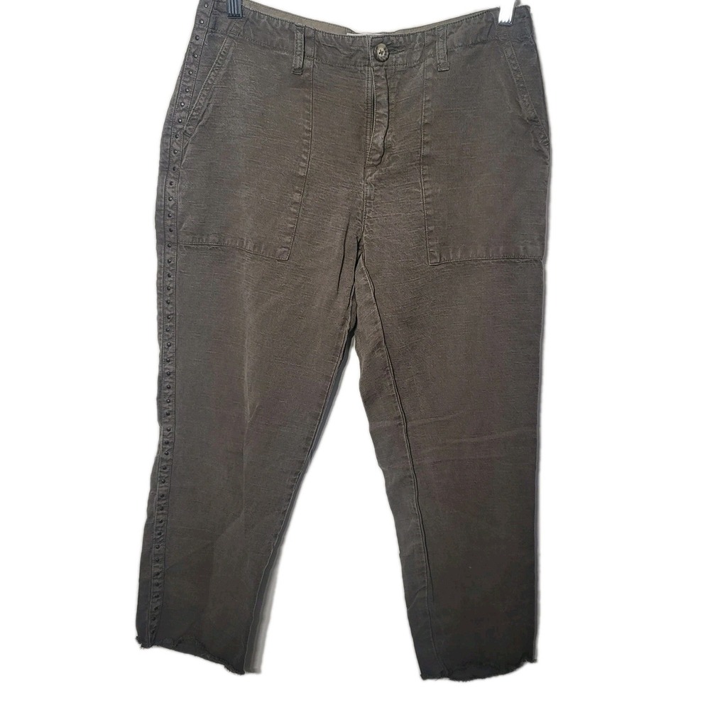 Joie Crop Capri Army Green Linen Blend Studs Ankle Raw Edge Hipster Boho Y2K